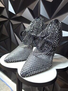 Rhinestone Bow Black Pointed-Toe Heels